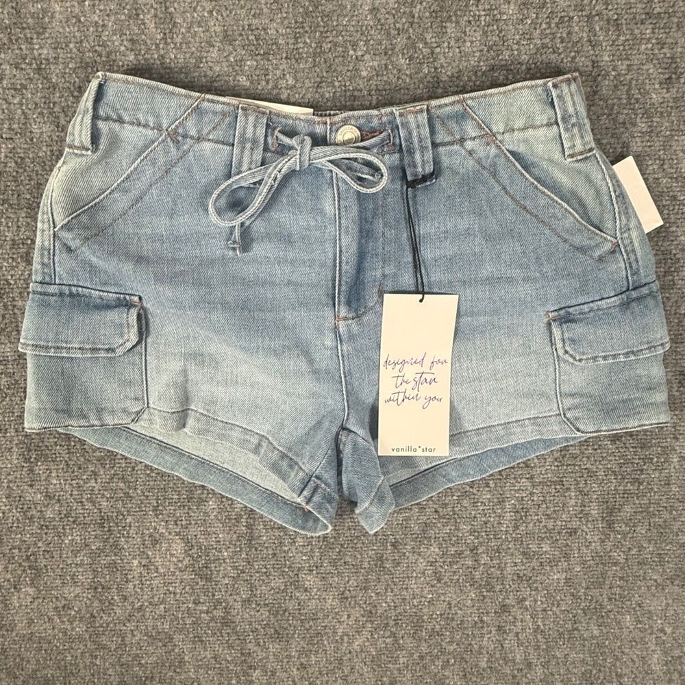 Vanilla Star Denim Utility Cargo Shorts Drawstring Waist Pockets Light Wash XS
